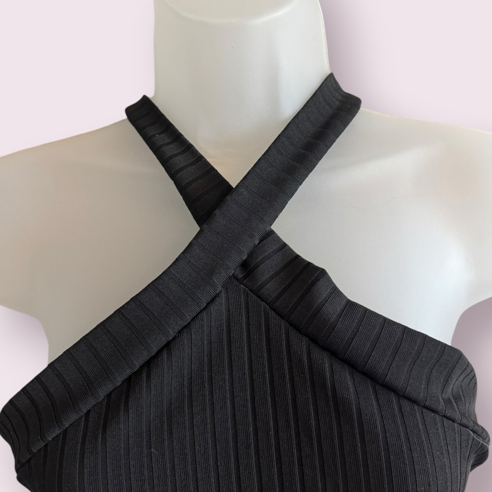 SHEIN Black Ribbed Halter Crop Top Cross Neck Sleeveless Size L - Picture 4 of 5